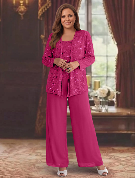 Chiffon Plus Size Mother of the Bride Pantsuits with Jacket & Sequins