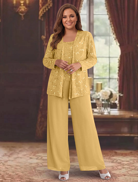 Chiffon Plus Size Mother of the Bride Pantsuits with Jacket & Sequins