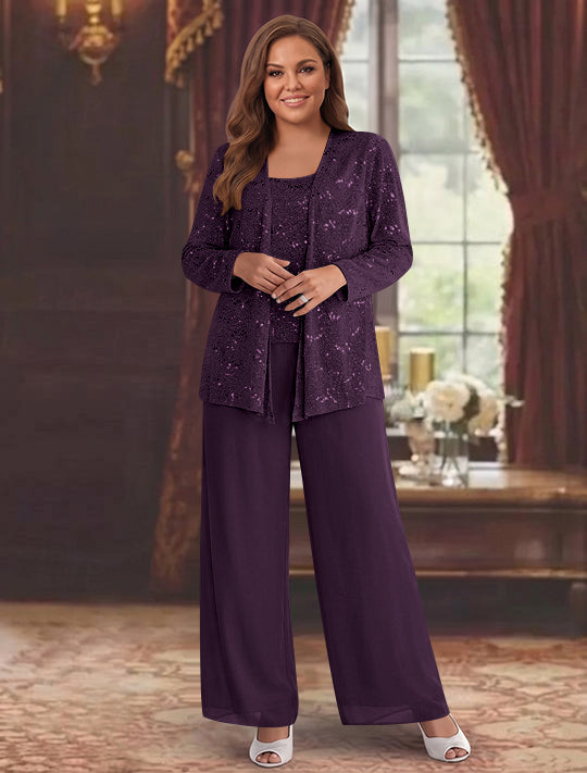 Chiffon Plus Size Mother of the Bride Pantsuits with Jacket & Sequins