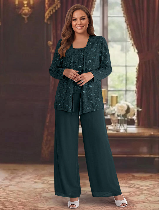 Chiffon Plus Size Mother of the Bride Pantsuits with Jacket & Sequins