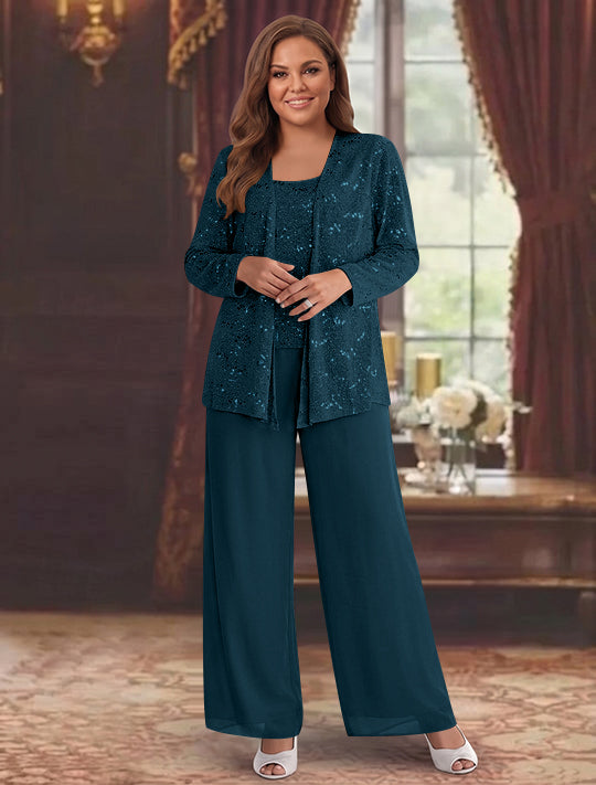 Chiffon Plus Size Mother of the Bride Pantsuits with Jacket & Sequins