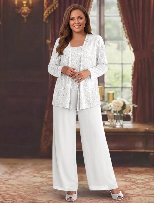Chiffon Plus Size Mother of the Bride Pantsuits with Jacket & Sequins