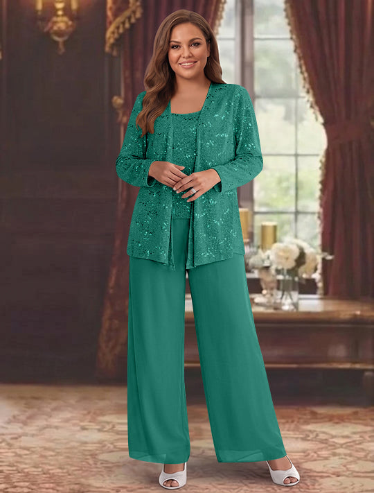 Chiffon Plus Size Mother of the Bride Pantsuits with Jacket & Sequins