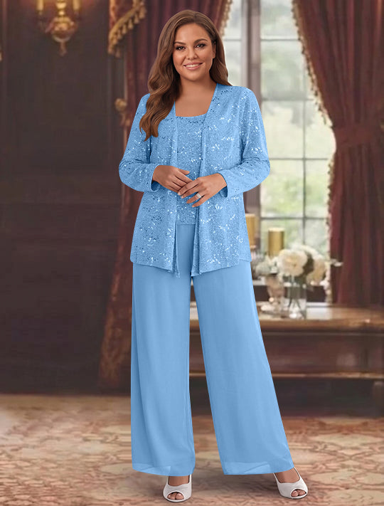 Chiffon Plus Size Mother of the Bride Pantsuits with Jacket & Sequins