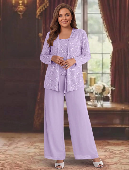 Chiffon Plus Size Mother of the Bride Pantsuits with Jacket & Sequins