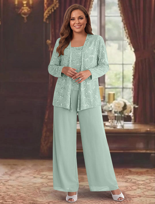 Chiffon Plus Size Mother of the Bride Pantsuits with Jacket & Sequins