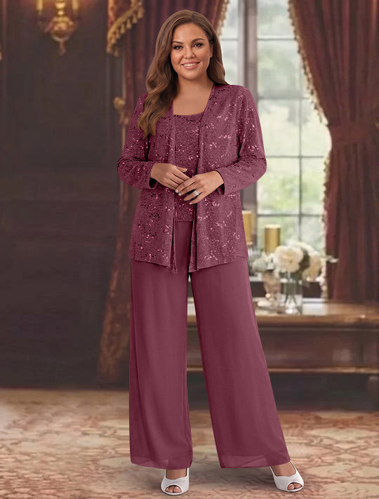 Chiffon Plus Size Mother of the Bride Pantsuits with Jacket & Sequins