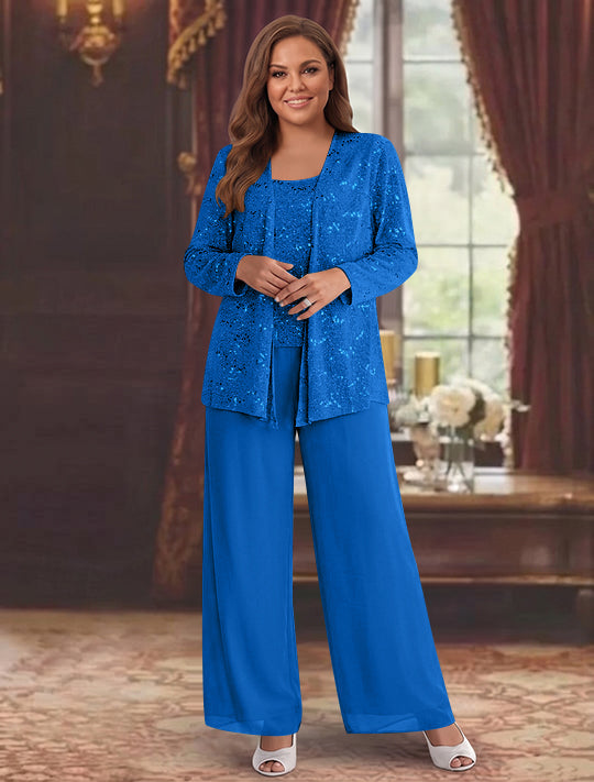 Chiffon Plus Size Mother of the Bride Pantsuits with Jacket & Sequins