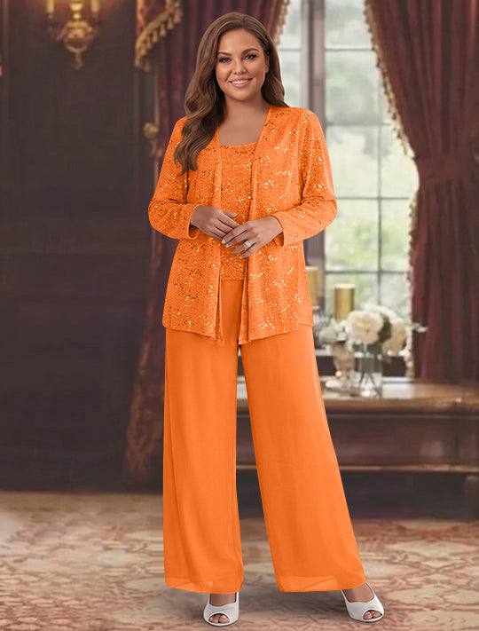 Chiffon Plus Size Mother of the Bride Pantsuits with Jacket & Sequins