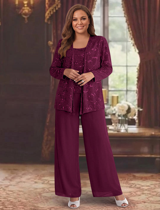 Chiffon Plus Size Mother of the Bride Pantsuits with Jacket & Sequins