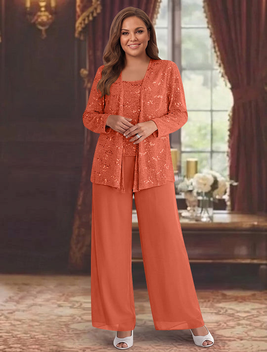Chiffon Plus Size Mother of the Bride Pantsuits with Jacket & Sequins