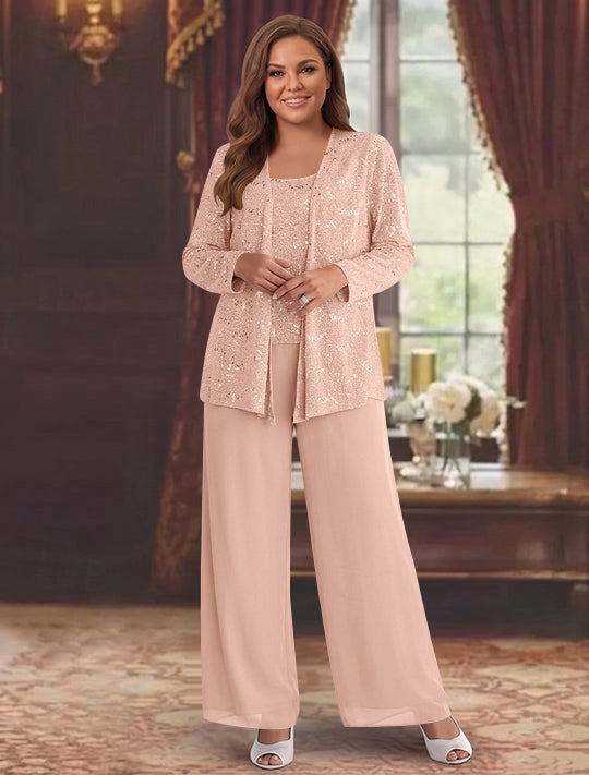 Chiffon Plus Size Mother of the Bride Pantsuits with Jacket & Sequins
