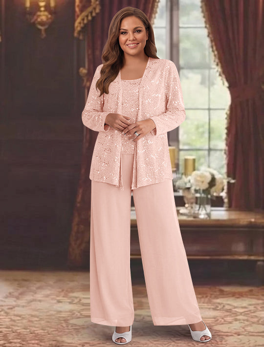 Chiffon Plus Size Mother of the Bride Pantsuits with Jacket & Sequins