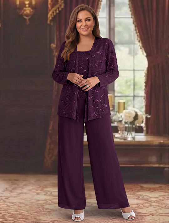 Chiffon Plus Size Mother of the Bride Pantsuits with Jacket & Sequins