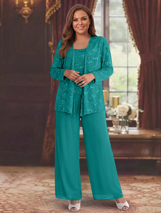 Chiffon Plus Size Mother of the Bride Pantsuits with Jacket & Sequins