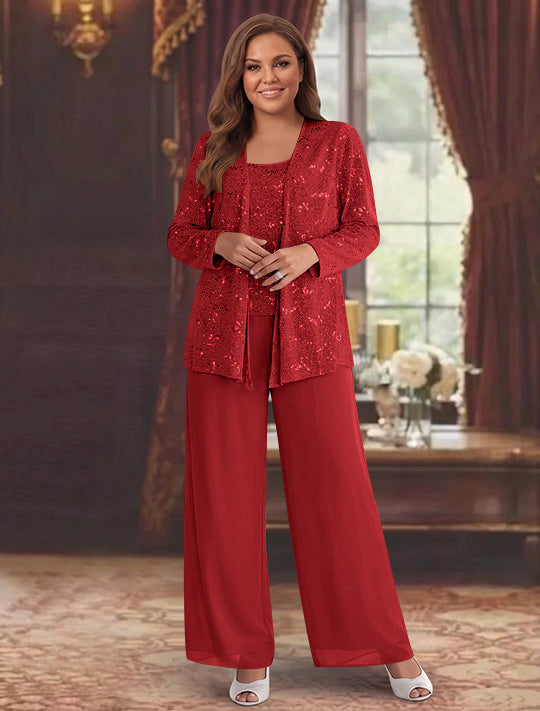 Chiffon Plus Size Mother of the Bride Pantsuits with Jacket & Sequins