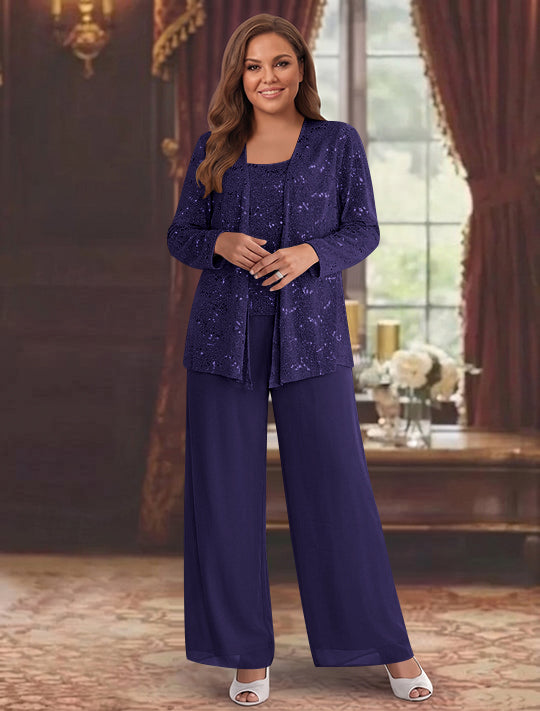 Chiffon Plus Size Mother of the Bride Pantsuits with Jacket & Sequins