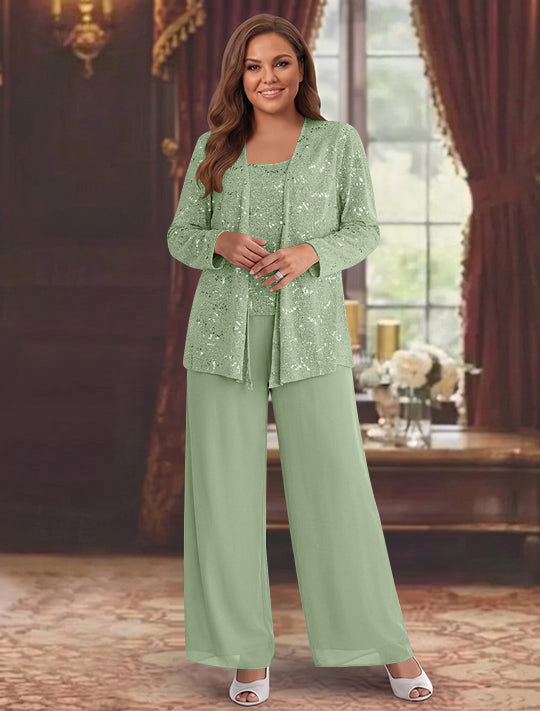 Chiffon Plus Size Mother of the Bride Pantsuits with Jacket & Sequins