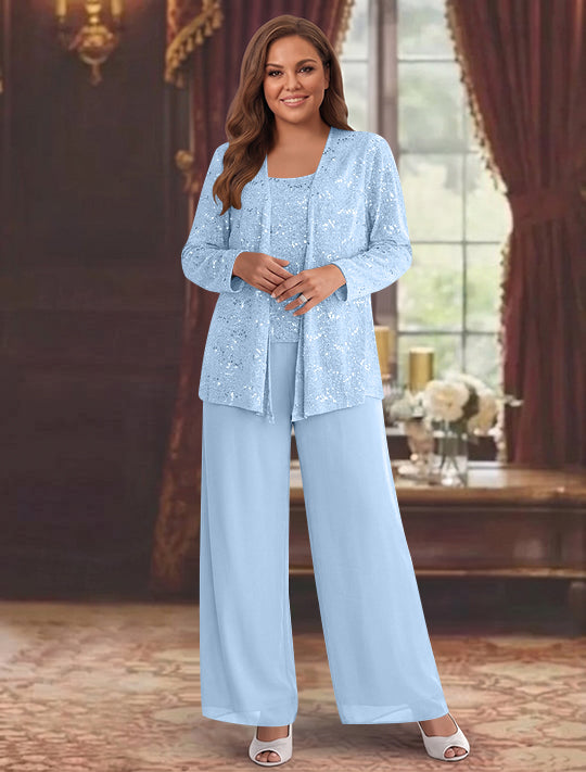 Chiffon Plus Size Mother of the Bride Pantsuits with Jacket & Sequins