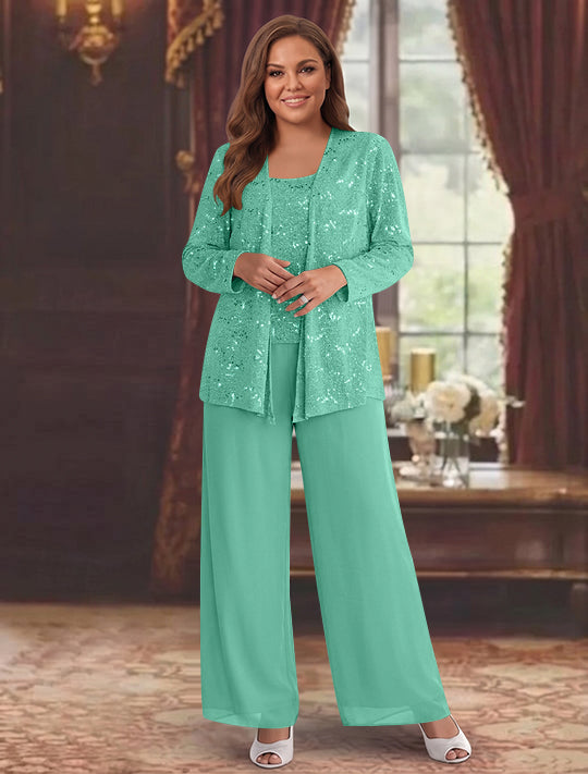Chiffon Plus Size Mother of the Bride Pantsuits with Jacket & Sequins