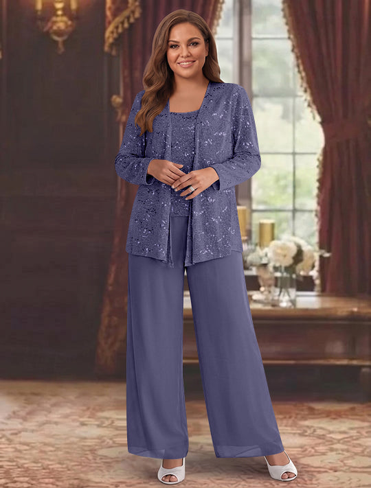 Chiffon Plus Size Mother of the Bride Pantsuits with Jacket & Sequins