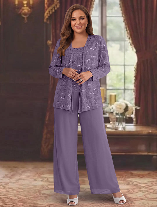 Chiffon Plus Size Mother of the Bride Pantsuits with Jacket & Sequins