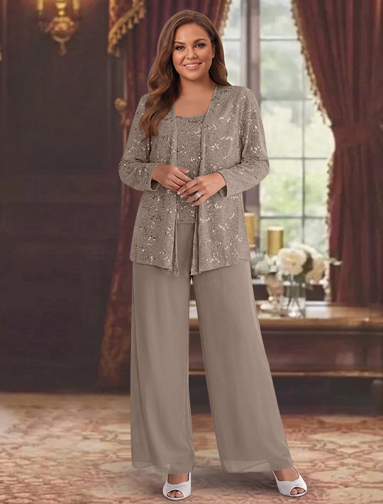 Chiffon Plus Size Mother of the Bride Pantsuits with Jacket & Sequins