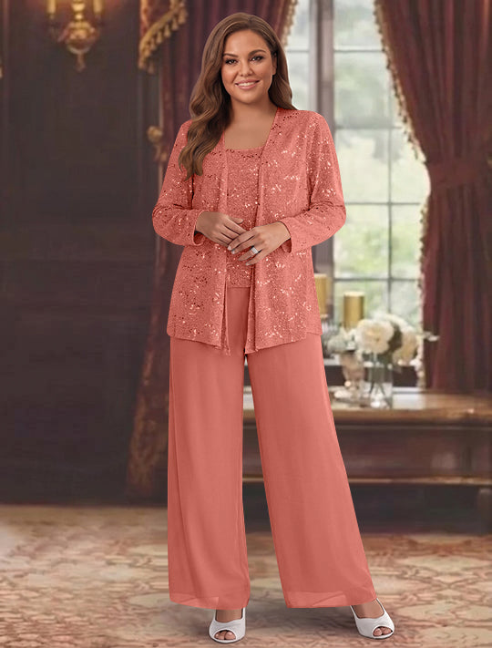 Chiffon Plus Size Mother of the Bride Pantsuits with Jacket & Sequins