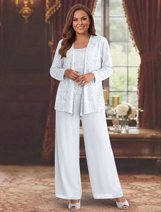 Chiffon Plus Size Mother of the Bride Pantsuits with Jacket & Sequins