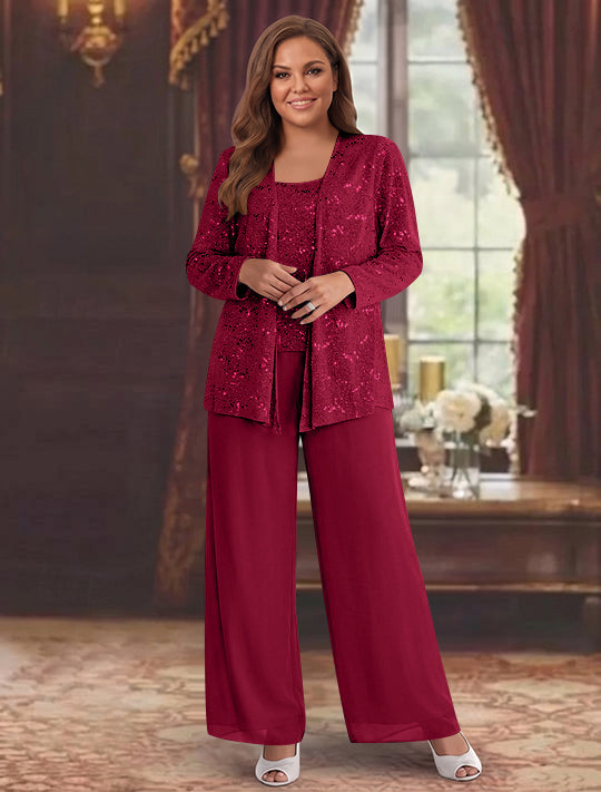 Chiffon Plus Size Mother of the Bride Pantsuits with Jacket & Sequins