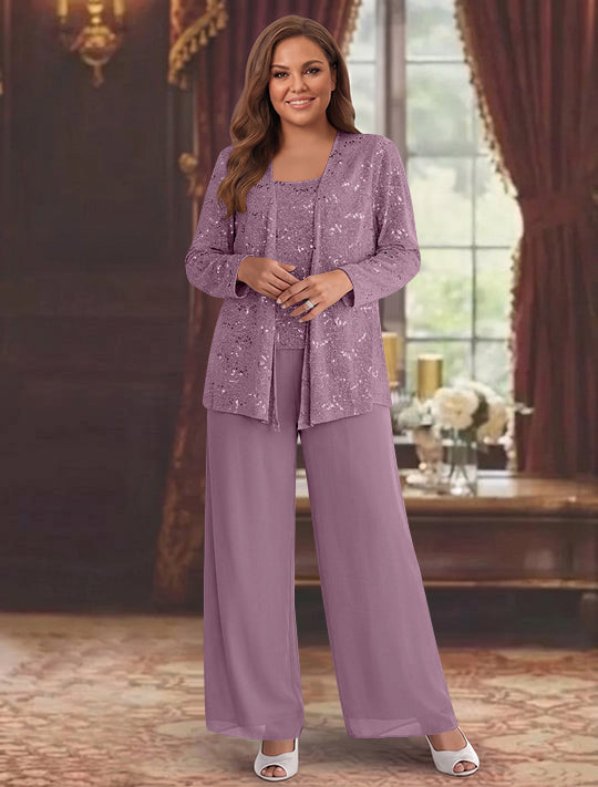 Chiffon Plus Size Mother of the Bride Pantsuits with Jacket & Sequins