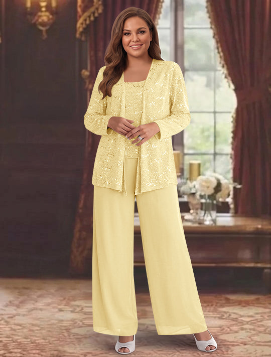 Chiffon Plus Size Mother of the Bride Pantsuits with Jacket & Sequins