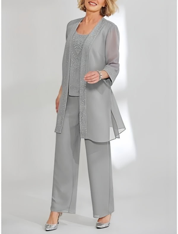 Chiffon Sequins Scoop Ankle-Length Mother of the Bride Pantsuits with Jacket