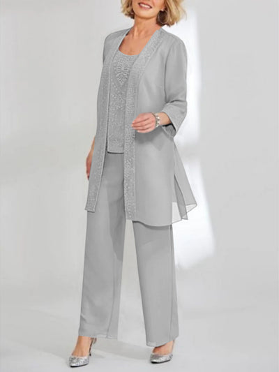 2 Piece Satin Sleeveless Floor Length Mother of the Bride Pantsuits with Lace Appliques & Bow
