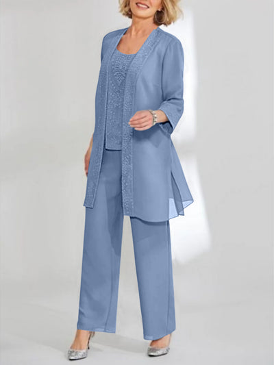 Jewel Neck 3/4 Sleeves Ankle-Length Mother of the Bride Pantsuits with Jacket Chiffon