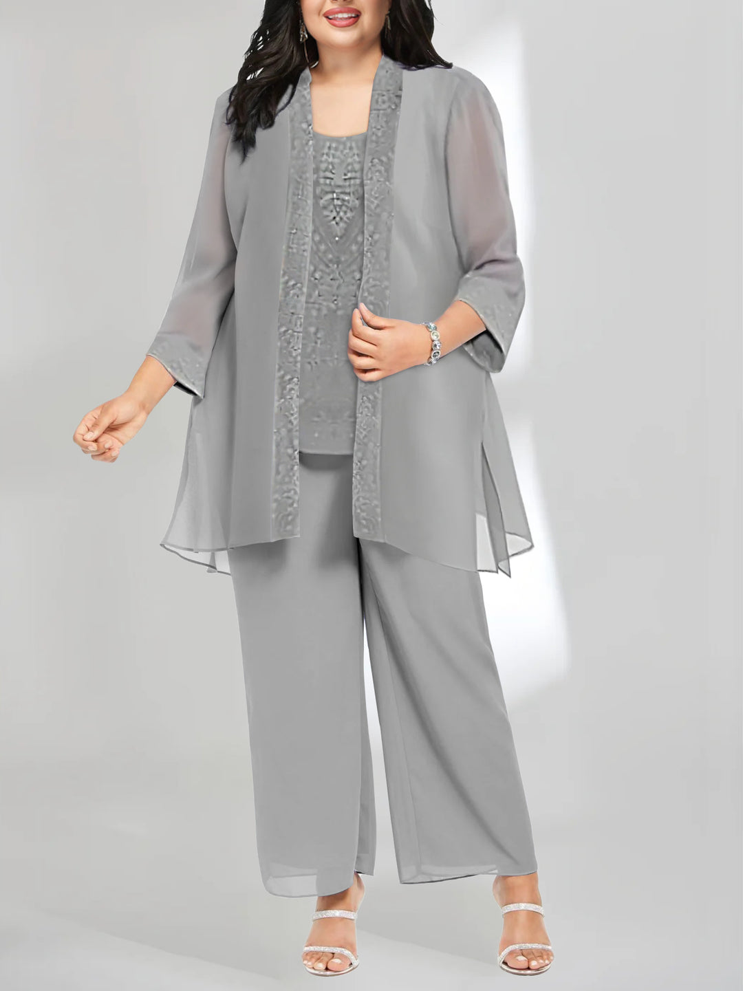 Chiffon Scoop Ankle-Length Plus Size Mother of the Bride Pantsuits with Jacket