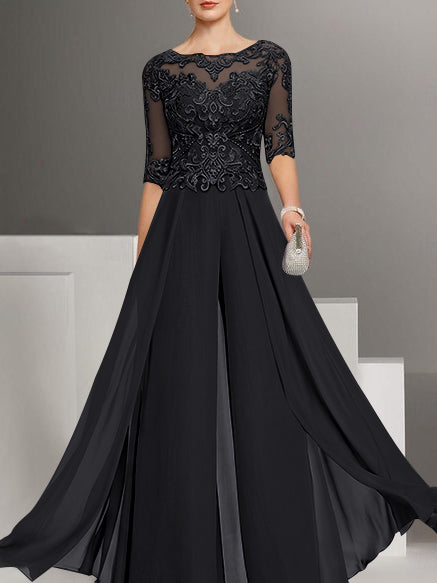 Chiffon Jewel Neck Half Sleeves Ankle-Length Plus Size Mother of the Bride Pantsuits with Lace