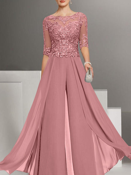 Chiffon Jewel Neck Half Sleeves Ankle-Length Plus Size Mother of the Bride Pantsuits with Lace