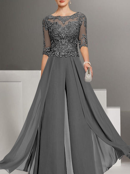 Chiffon Jewel Neck Half Sleeves Ankle-Length Plus Size Mother of the Bride Pantsuits with Lace