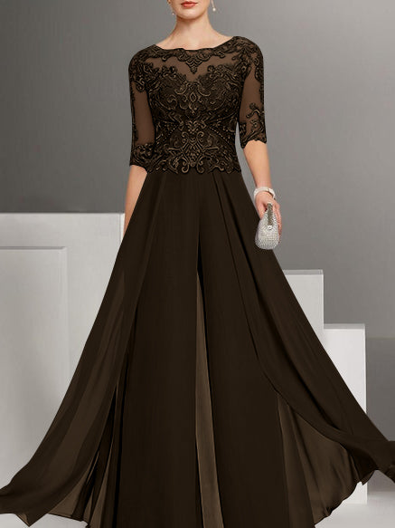 Chiffon Jewel Neck Half Sleeves Ankle-Length Plus Size Mother of the Bride Pantsuits with Lace