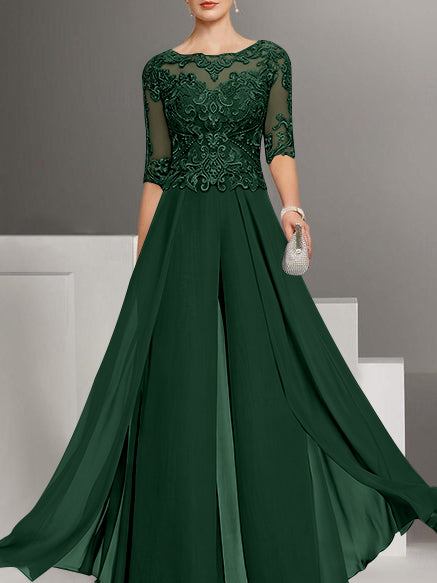 Chiffon Jewel Neck Half Sleeves Ankle-Length Plus Size Mother of the Bride Pantsuits with Lace