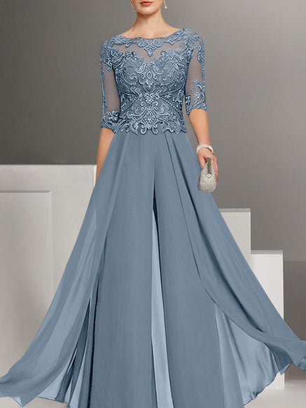 Chiffon Jewel Neck Half Sleeves Ankle-Length Plus Size Mother of the Bride Pantsuits with Lace