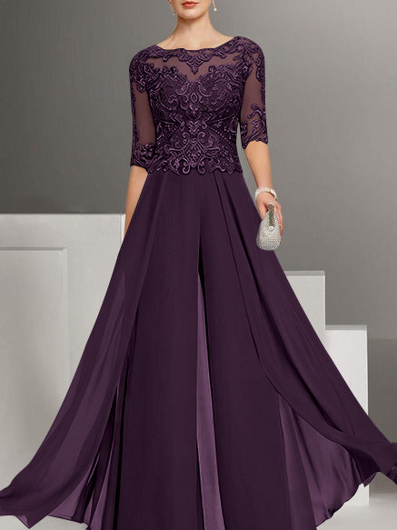 Chiffon Jewel Neck Half Sleeves Ankle-Length Plus Size Mother of the Bride Pantsuits with Lace