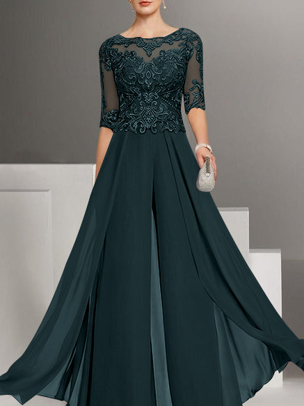 Chiffon Jewel Neck Half Sleeves Ankle-Length Plus Size Mother of the Bride Pantsuits with Lace