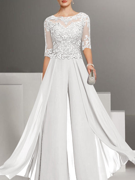 Chiffon Jewel Neck Half Sleeves Ankle-Length Plus Size Mother of the Bride Pantsuits with Lace