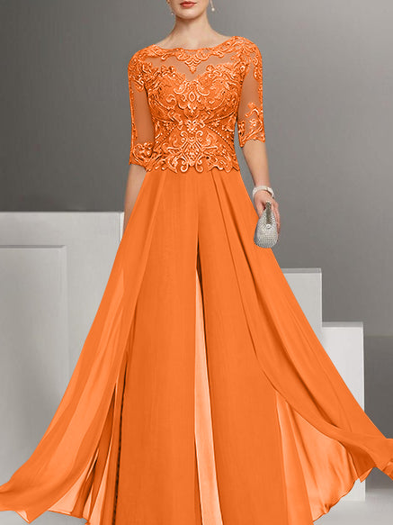 Chiffon Jewel Neck Half Sleeves Ankle-Length Plus Size Mother of the Bride Pantsuits with Lace