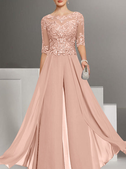 Chiffon Jewel Neck Half Sleeves Ankle-Length Plus Size Mother of the Bride Pantsuits with Lace