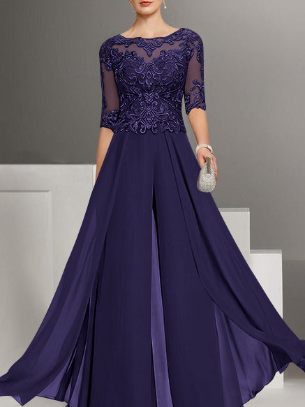 Chiffon Jewel Neck Half Sleeves Ankle-Length Plus Size Mother of the Bride Pantsuits with Lace