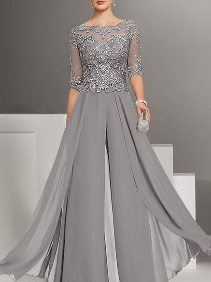 Chiffon Jewel Neck Half Sleeves Ankle-Length Mother of the Bride Pantsuits with Lace