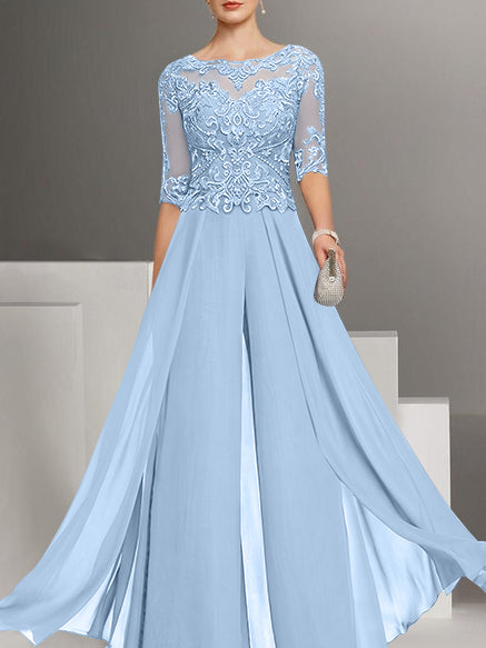 Chiffon Jewel Neck Half Sleeves Ankle-Length Plus Size Mother of the Bride Pantsuits with Lace